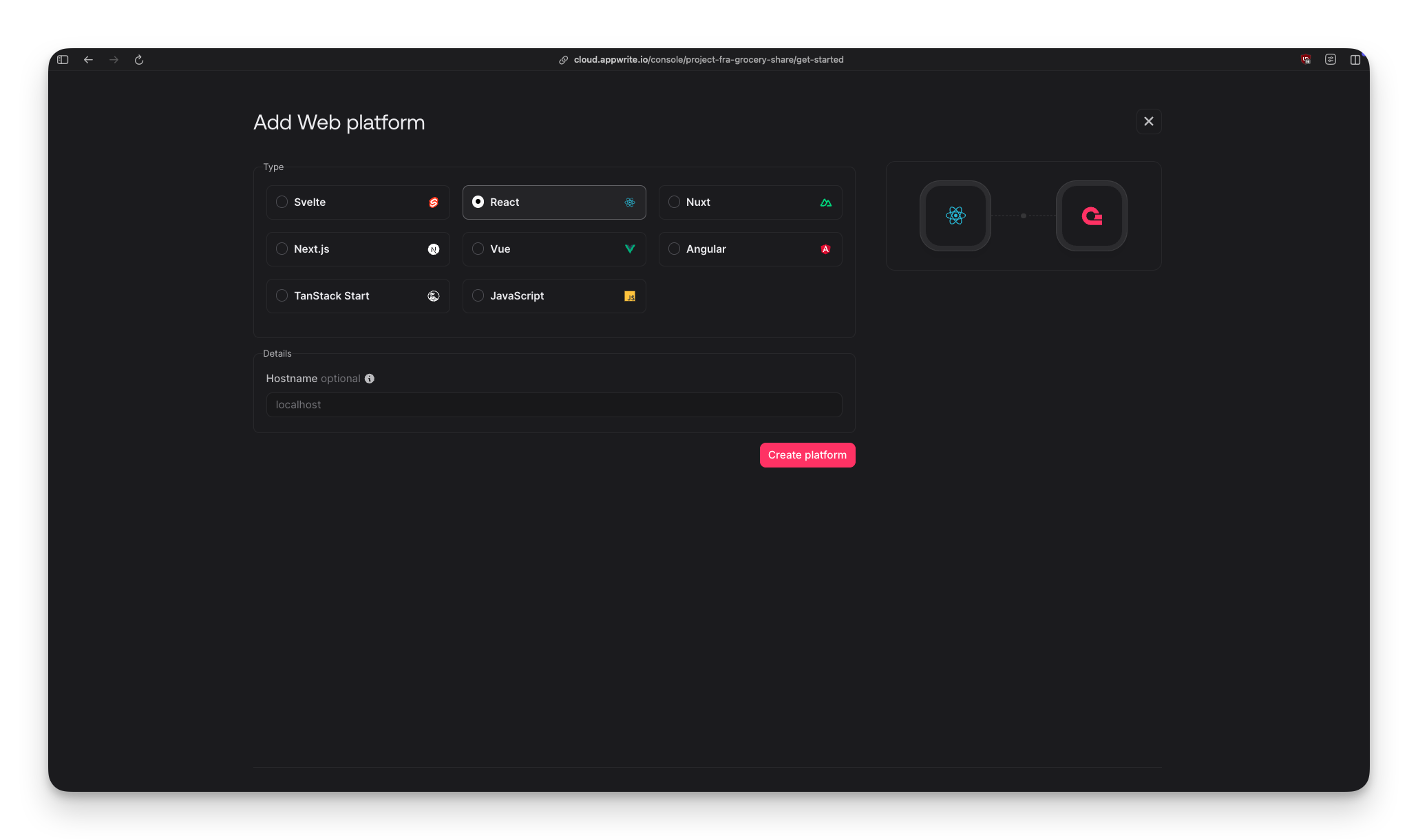 Appwrite platform selection modal