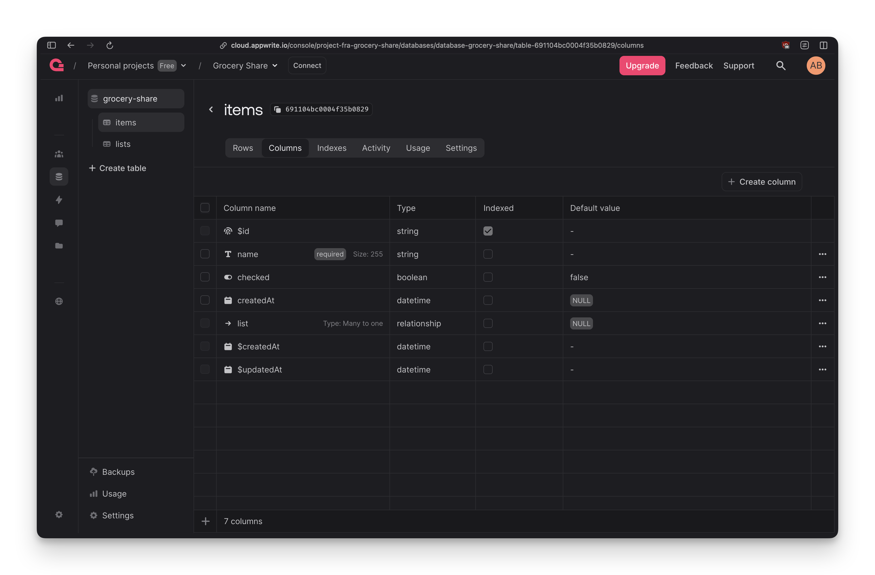 Appwrite database showing the items collection