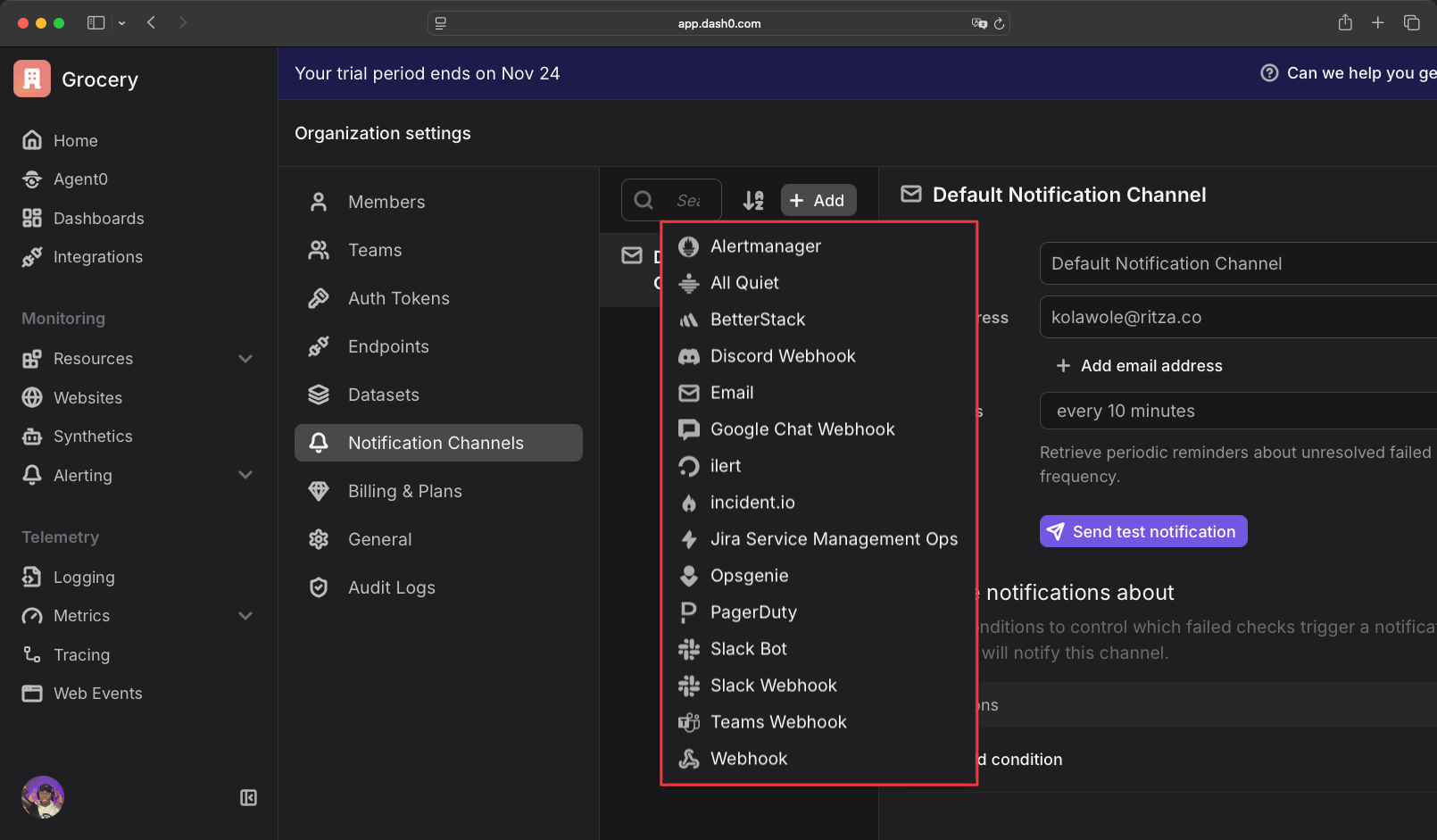 Dash0 Notification Destinations