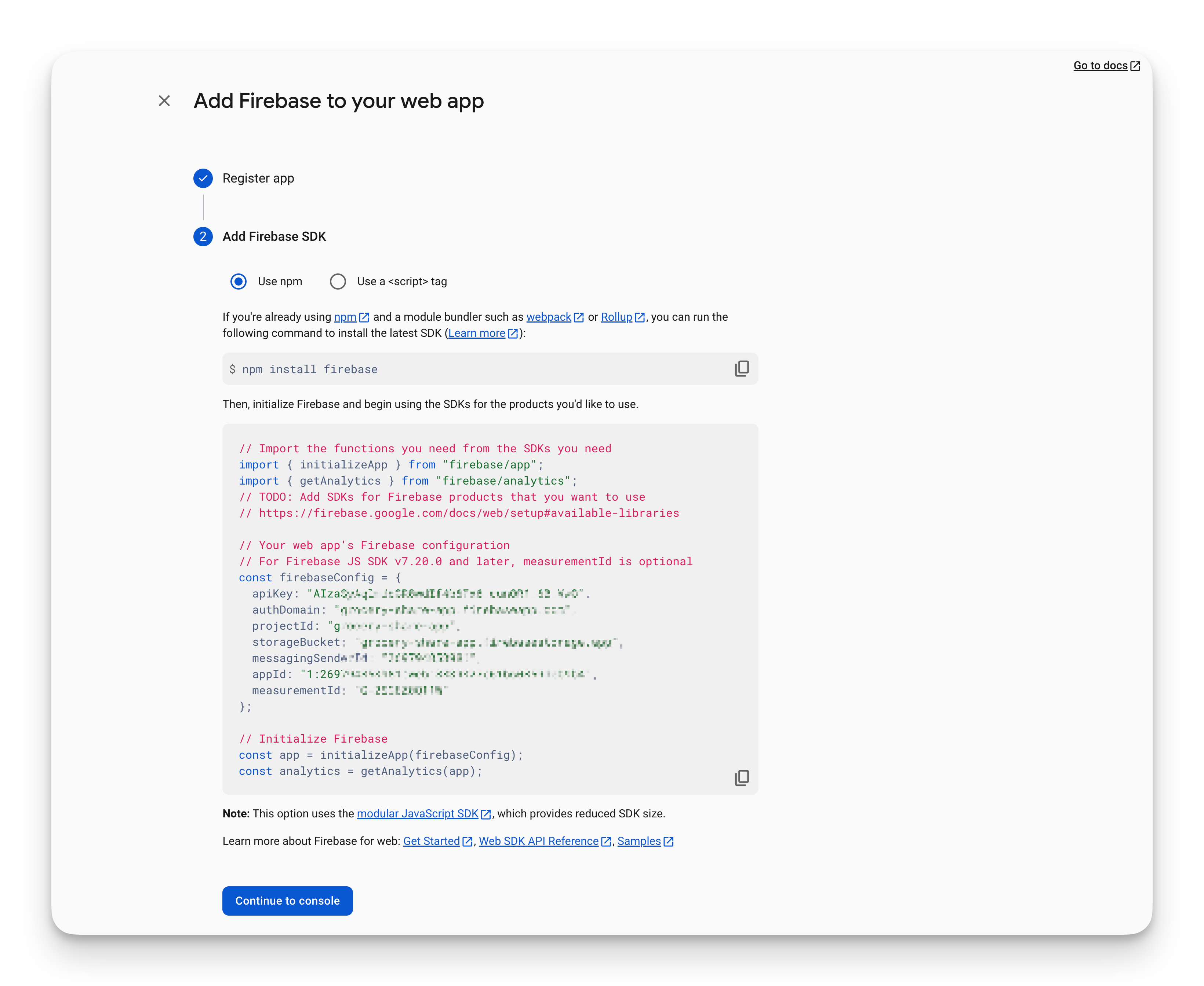 Firebase onboarding showing the SDK setup