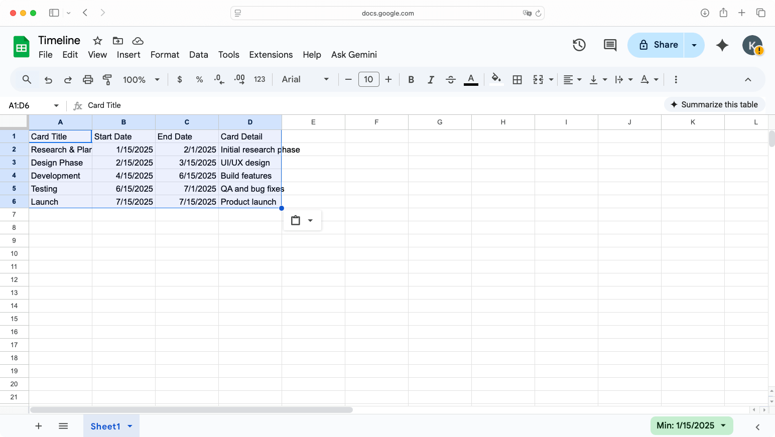 Google Sheets data setup