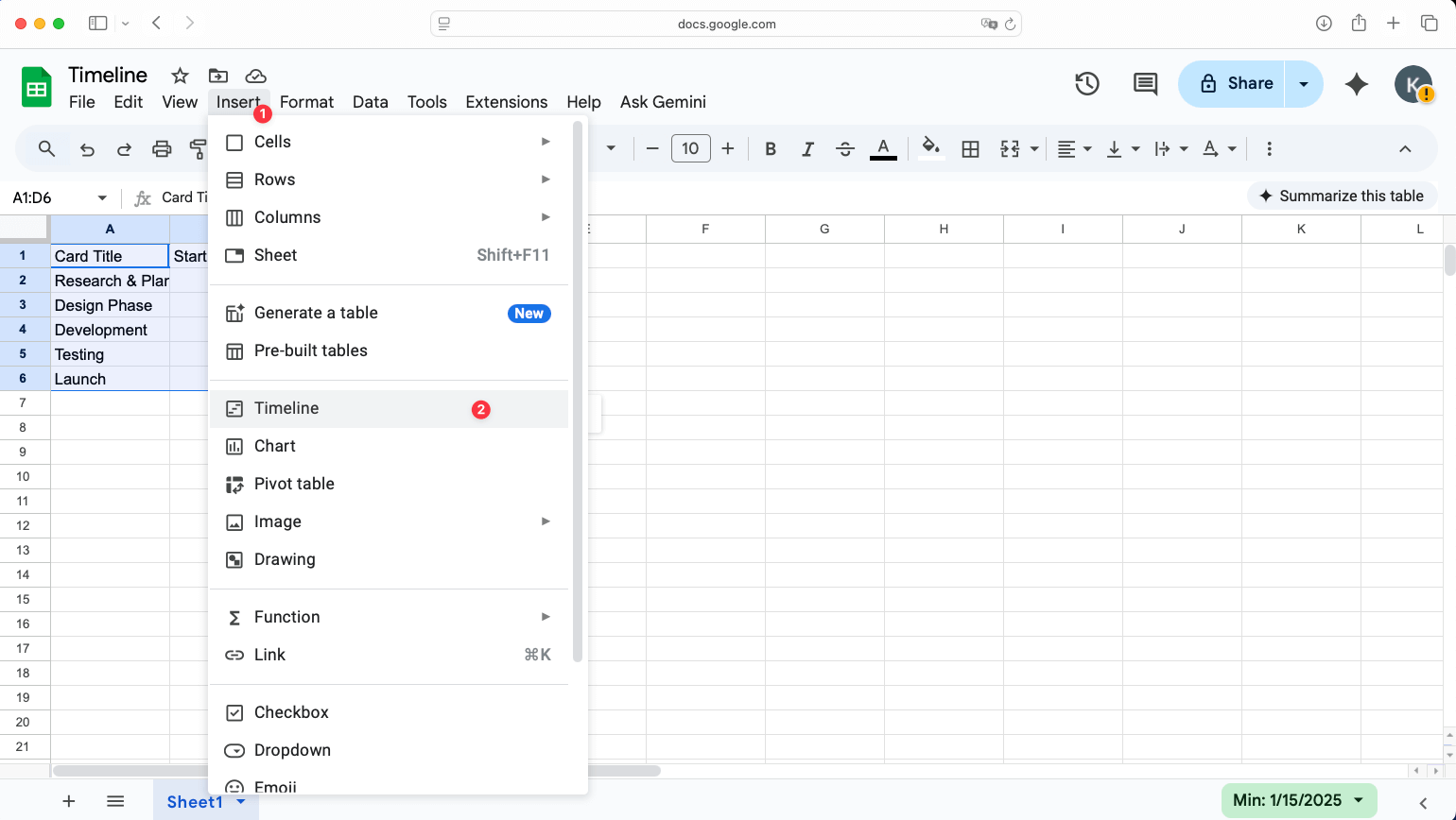 Google Sheets insert timeline menu