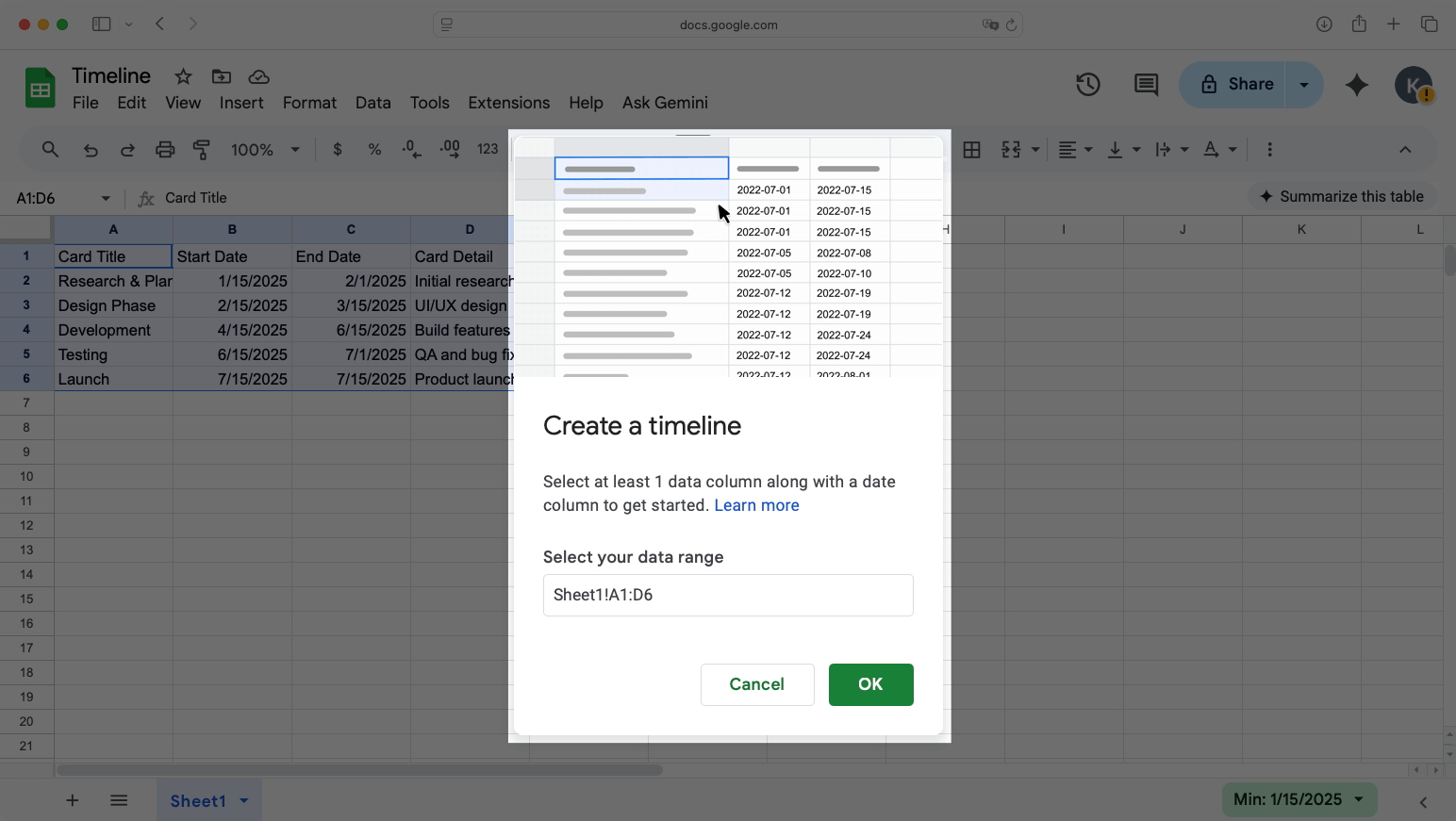 Google Sheets select data range