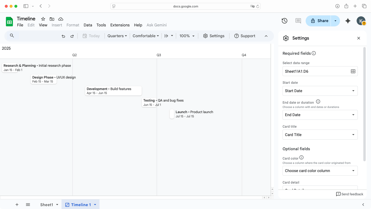 Google Sheets timeline result