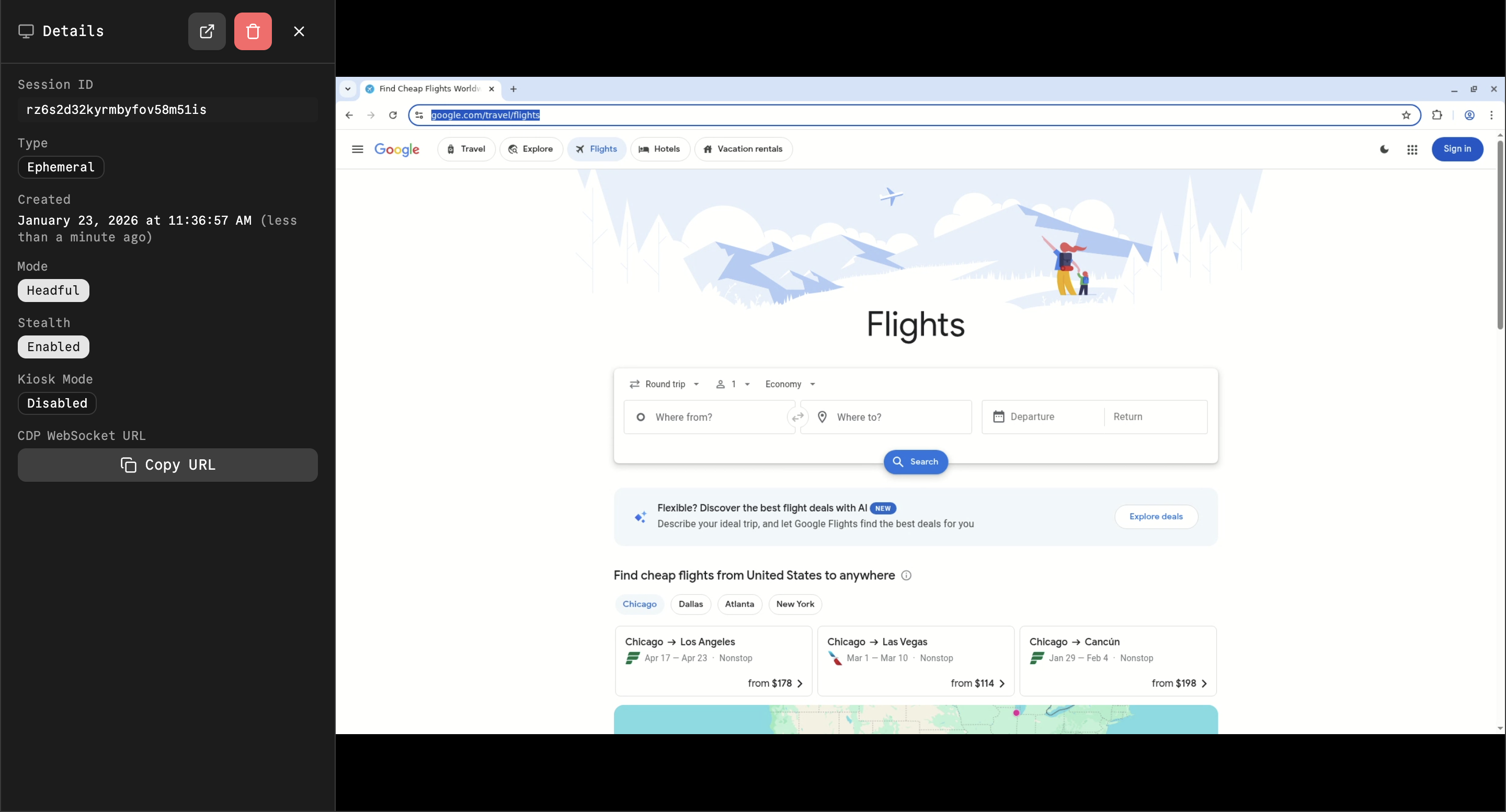 Kernel live view showing Google Flights