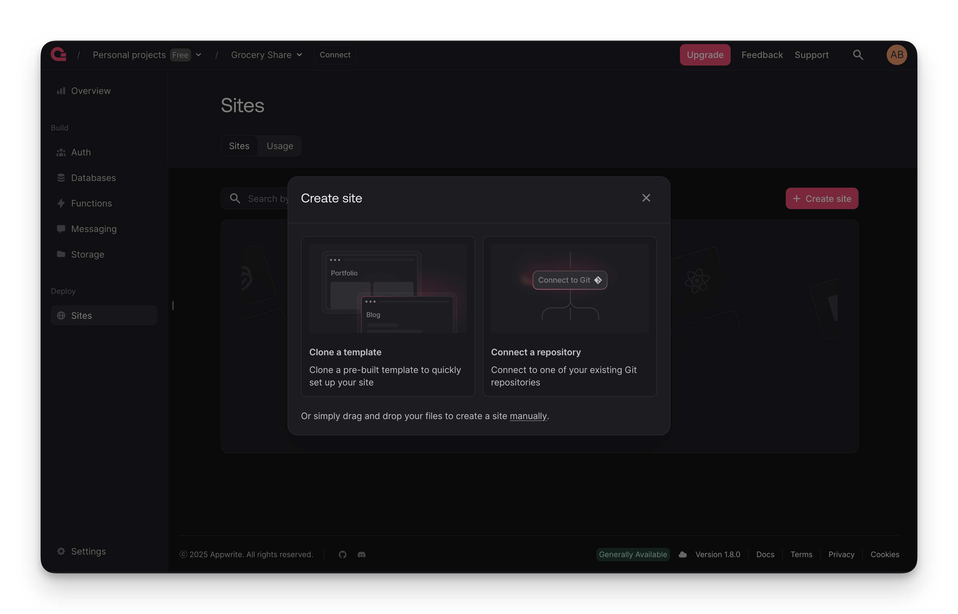 Appwrite hosting dashboard