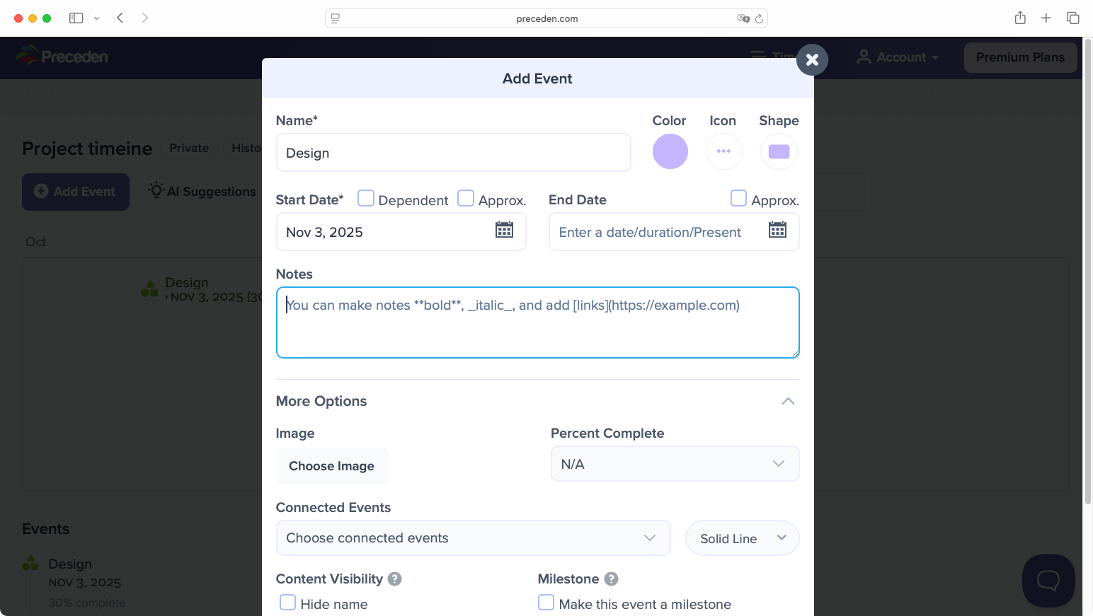 Preceden event details form