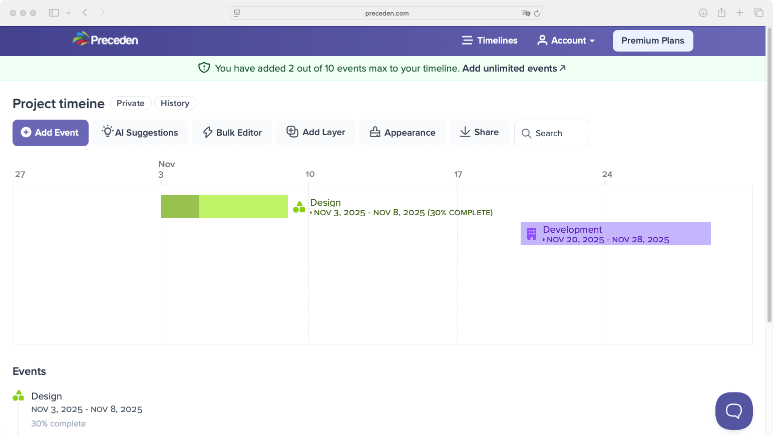 Preceden timeline result