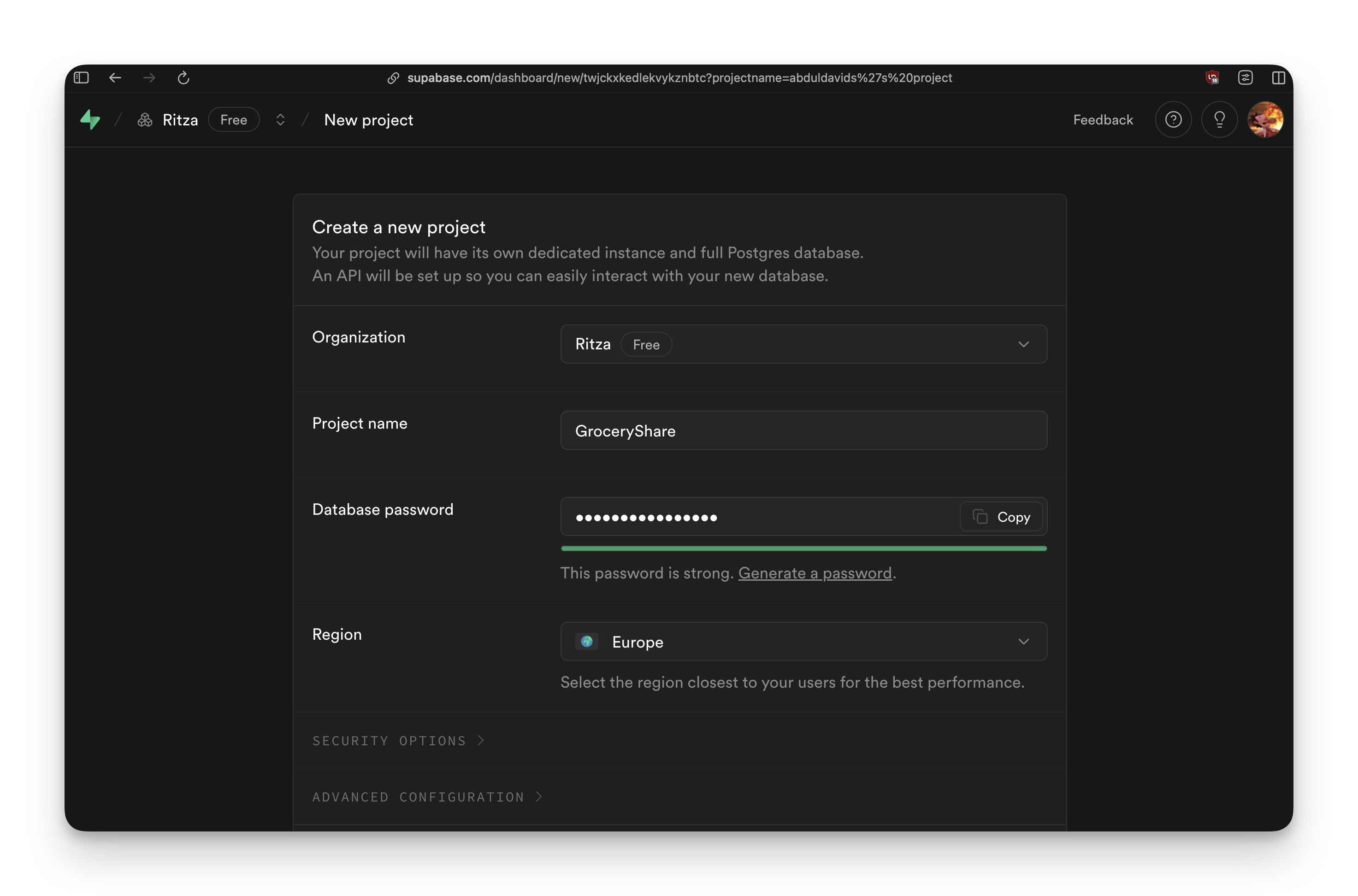 Supabase project creation screen