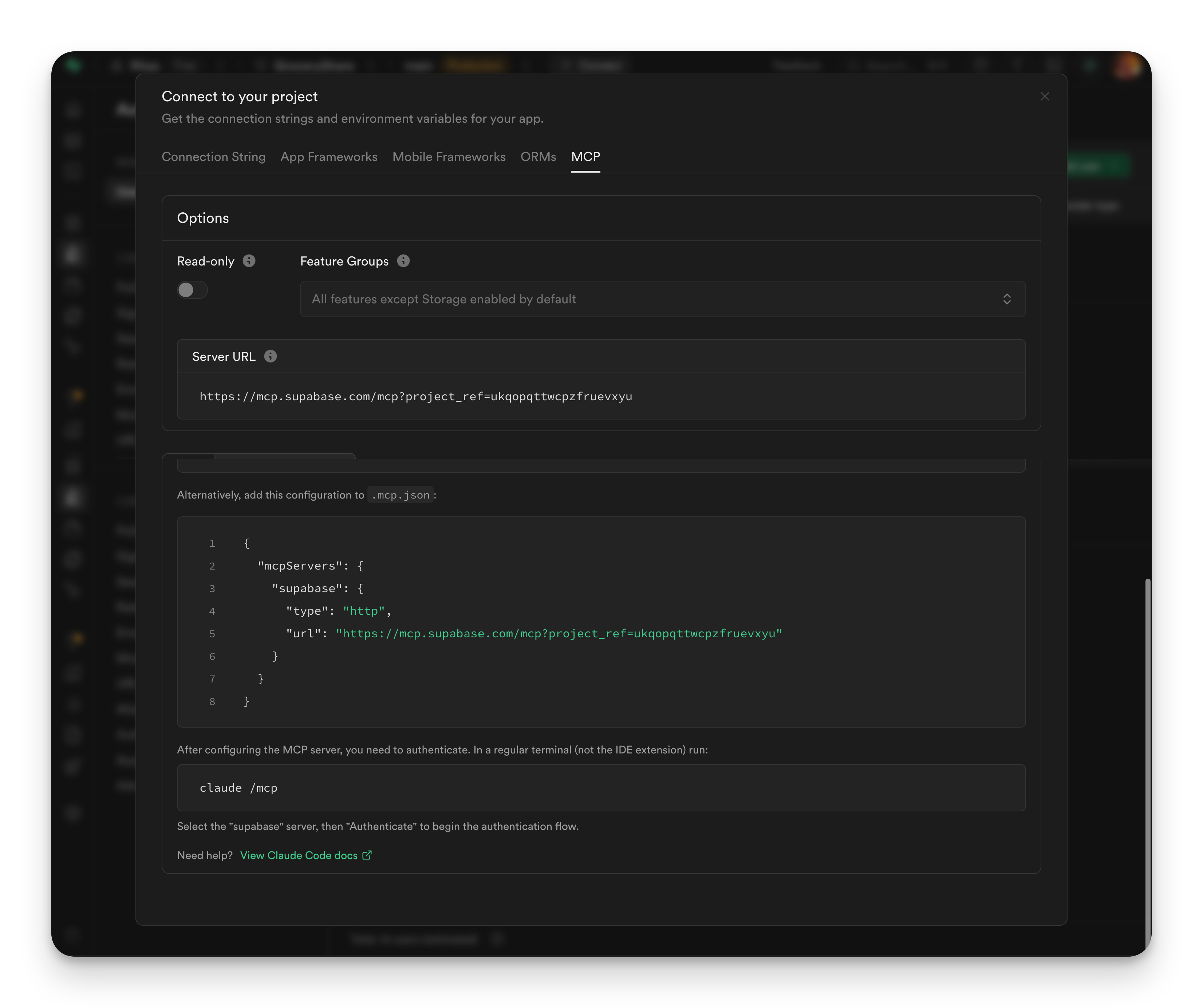 Supabase MCP connection tab